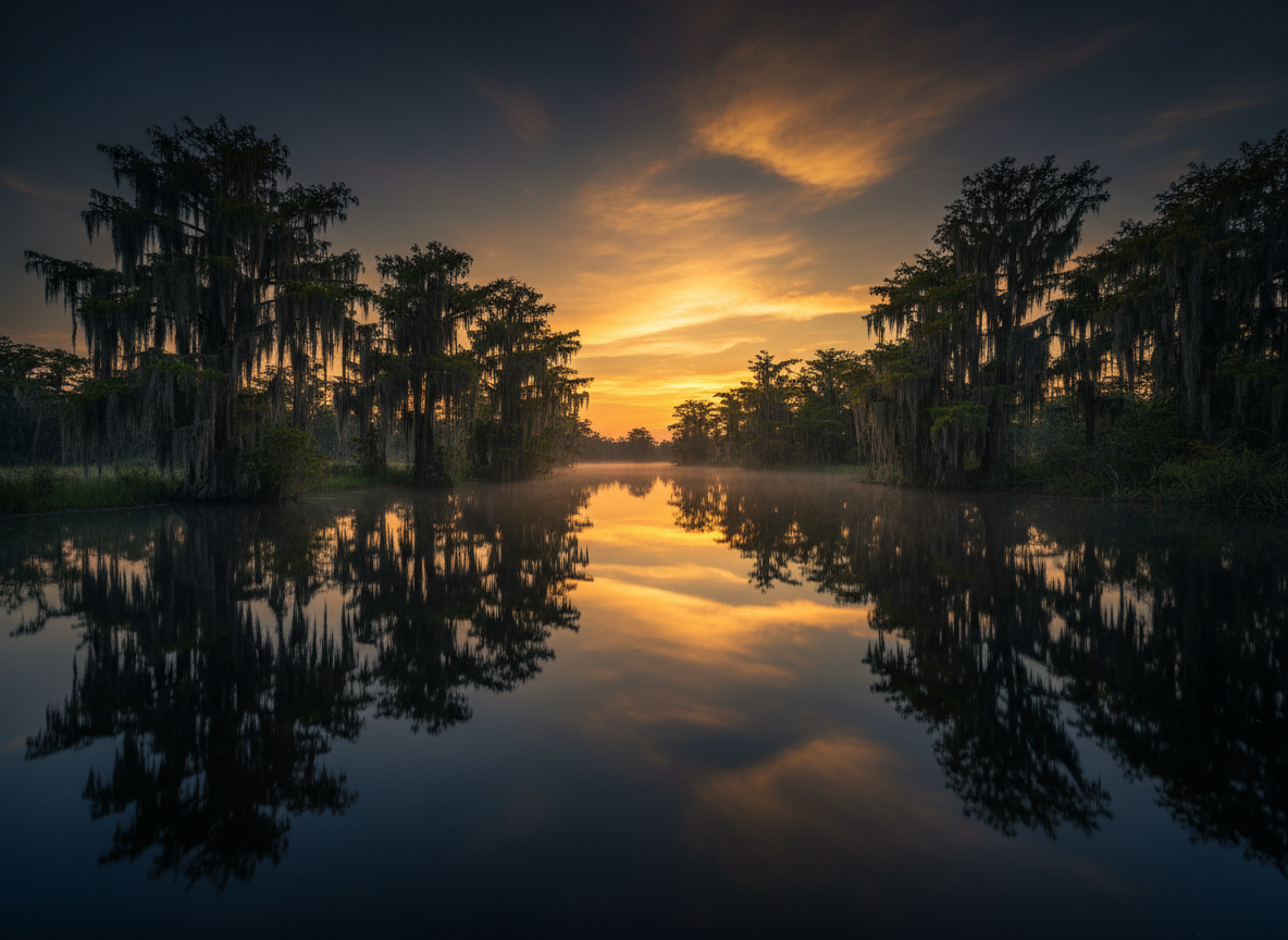 Misty Louisiana bayou at dusk with cypress trees draped in Spanish moss reflected in dark still water