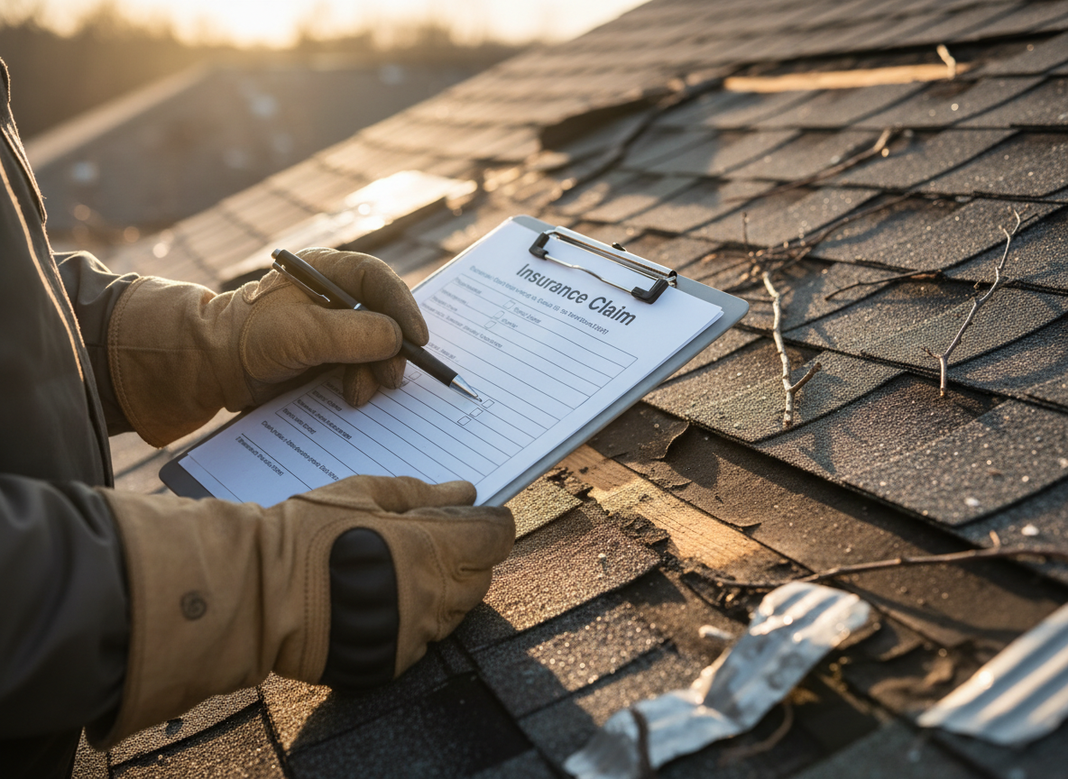 Close-up of a roofer's hands filling out an insurance claim clipboard beside a storm-damaged shingle roof
